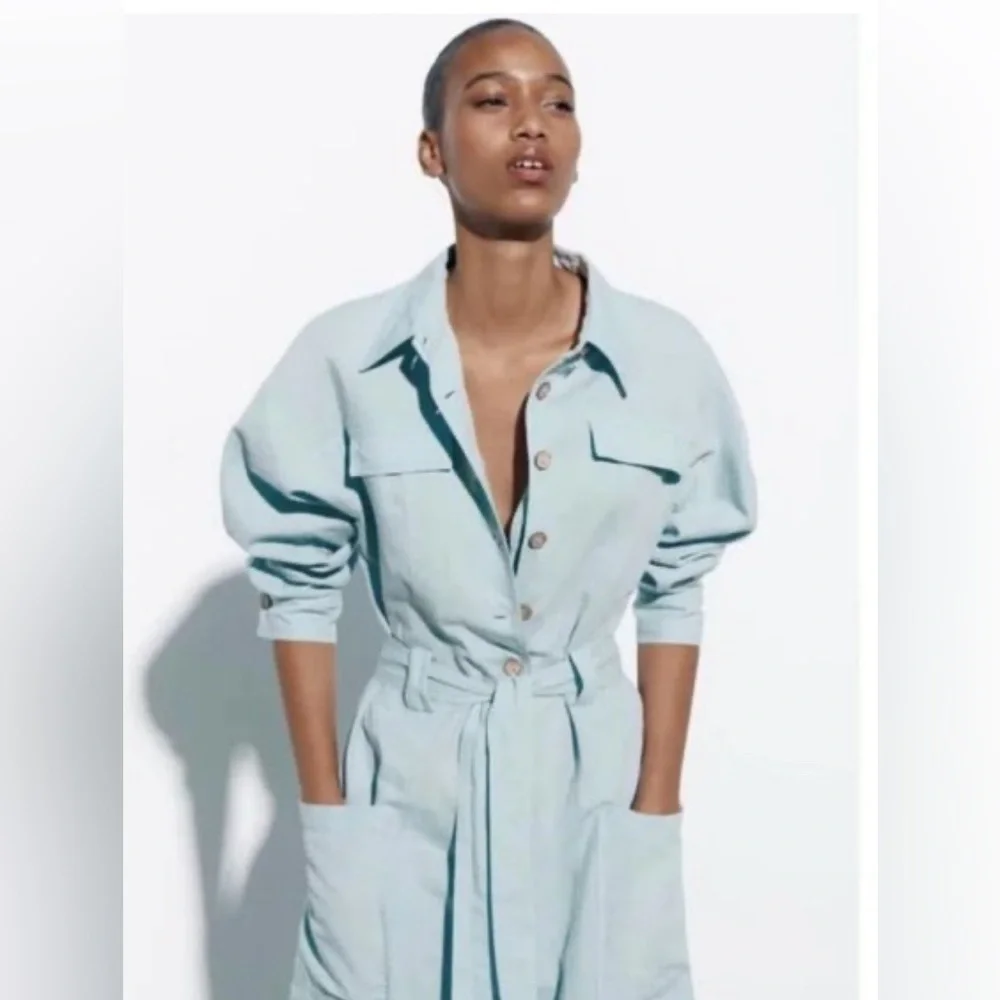 Zara Limited Edition Wide Linen Blend Cargo Jumpsuit. Size M - Picture 2 of 9